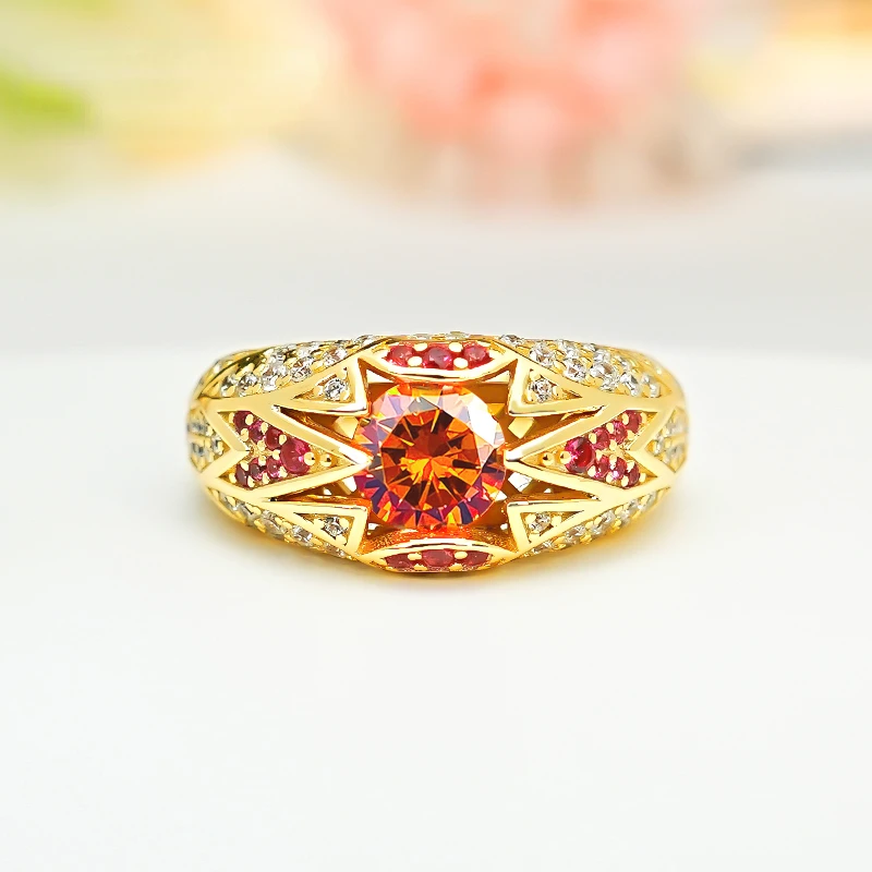 Sunflower Fanta Orange 925 Silver High Grade Ring for Women Set with Colorful 1 Carat Wide Index Finger Full Diamond