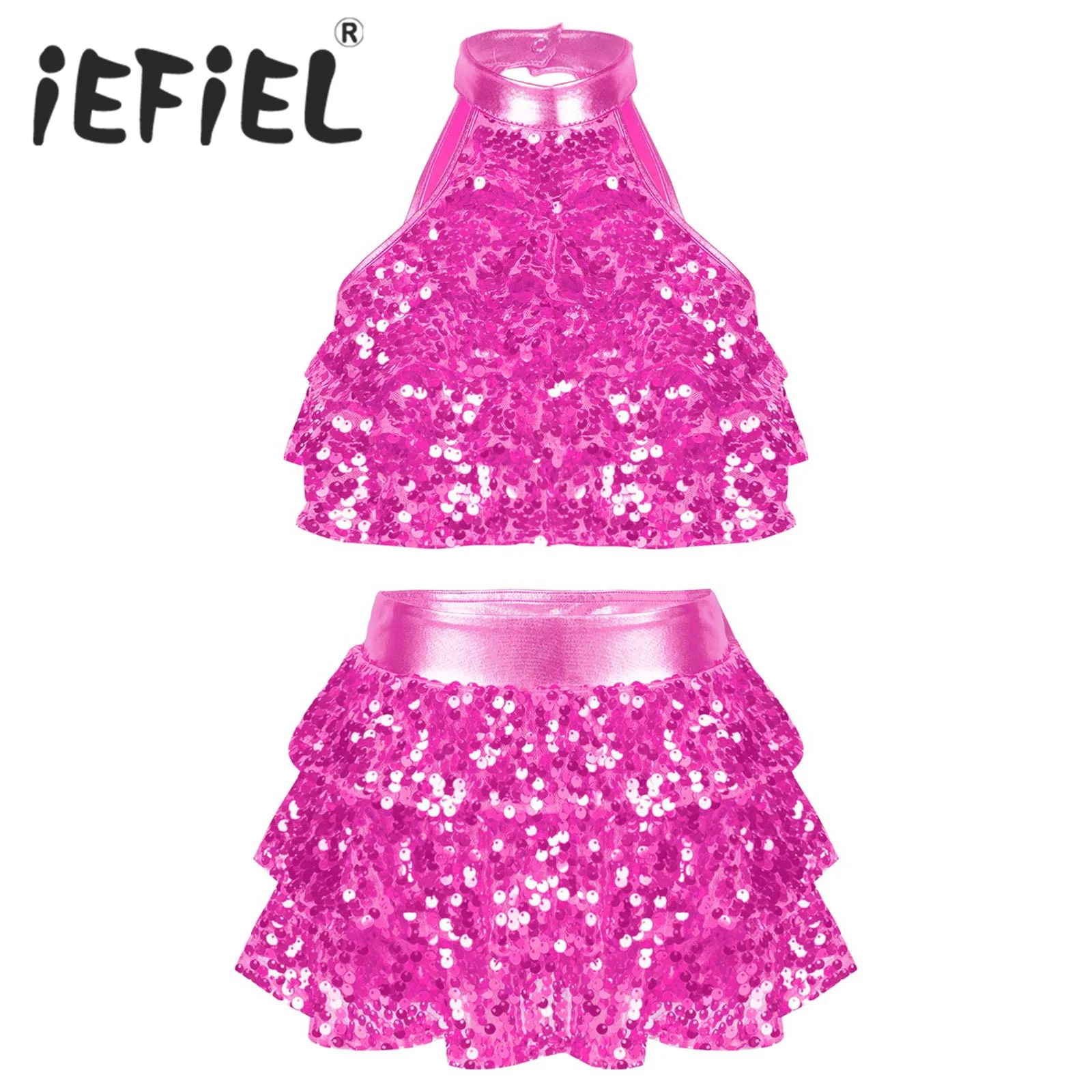 Kids Girls Sequins Ballet Dance Sets Sleeveless Lyrical Dancewear Ballarina Costume for Modern Latin Jazz Dancing Performance