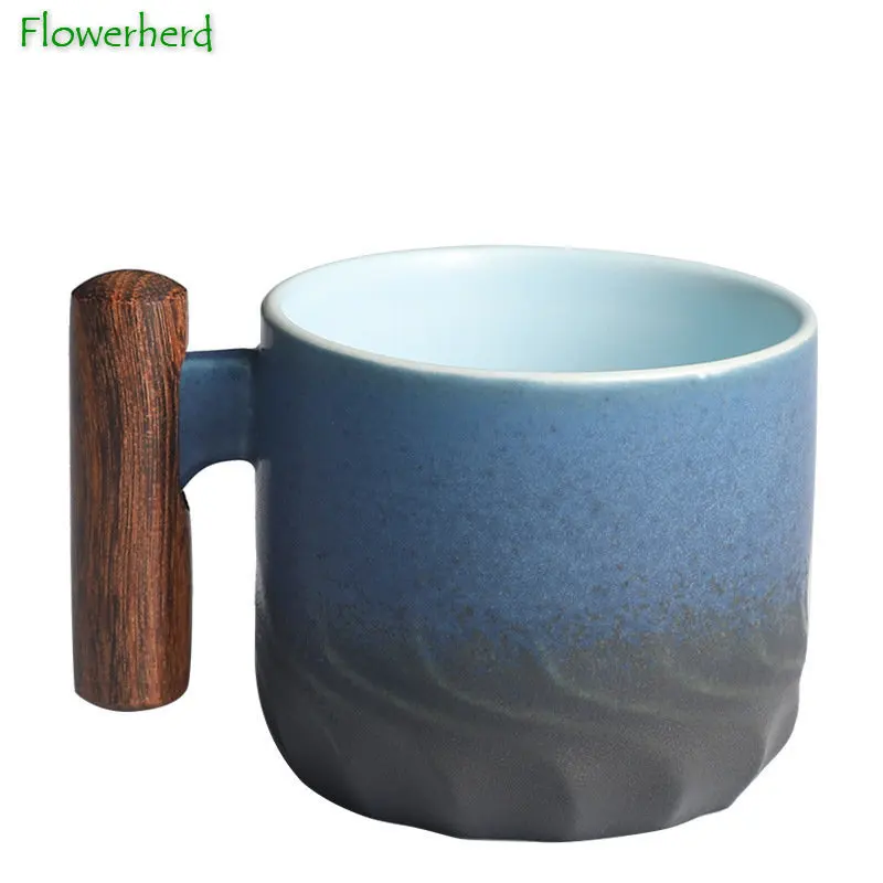 Kiln Changed Glaze Ceramic Mug Wooden Handle Tea Cup Teaware Creative Italian Handmade Coffee Cups Porcelain Small Gift Mugs