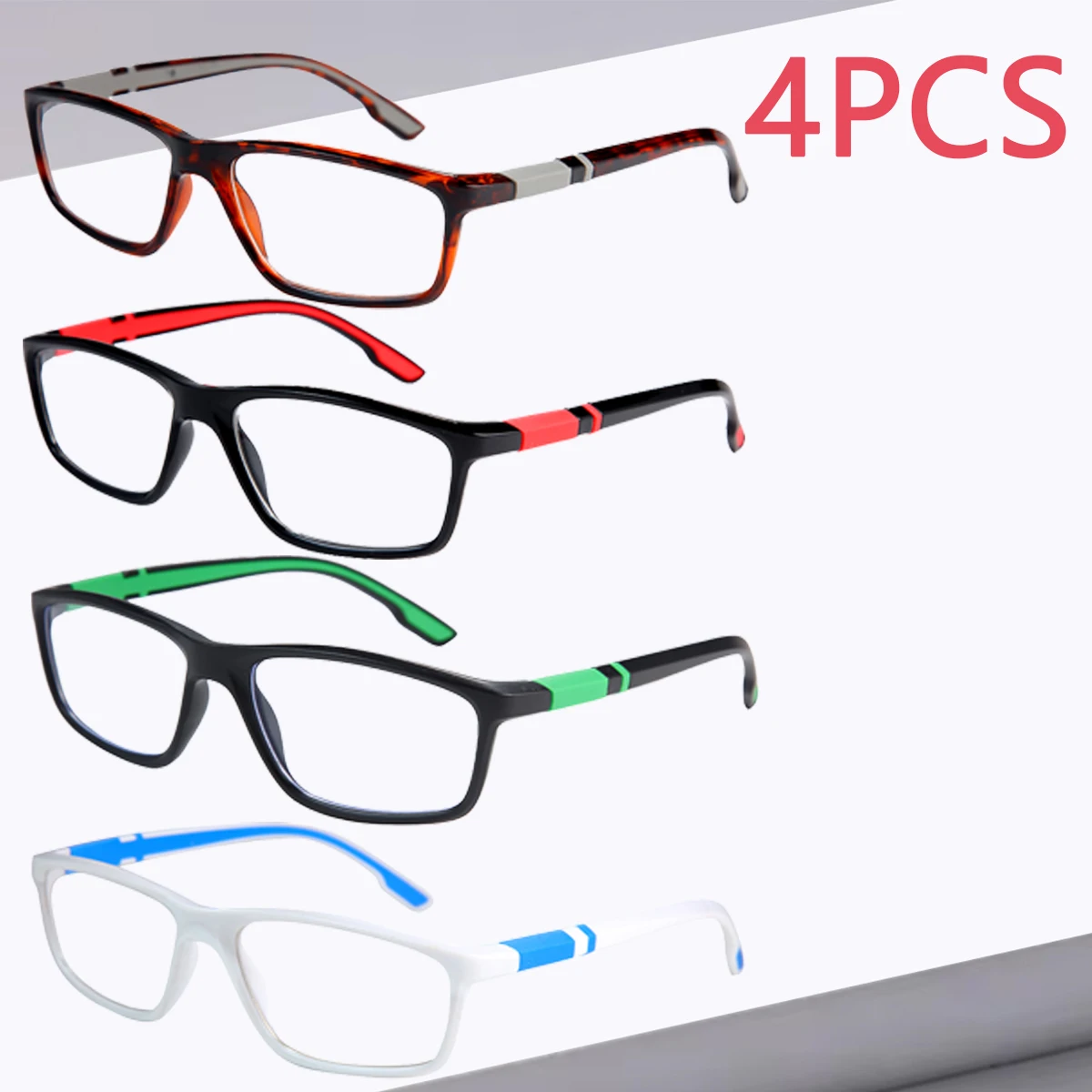 

4pcs Anti-Blue Light Reading Glasses​​, Polycarbonate Lenses, Rectangular Frame, Comfortable Elderly Glasses +1.0 to +4.0