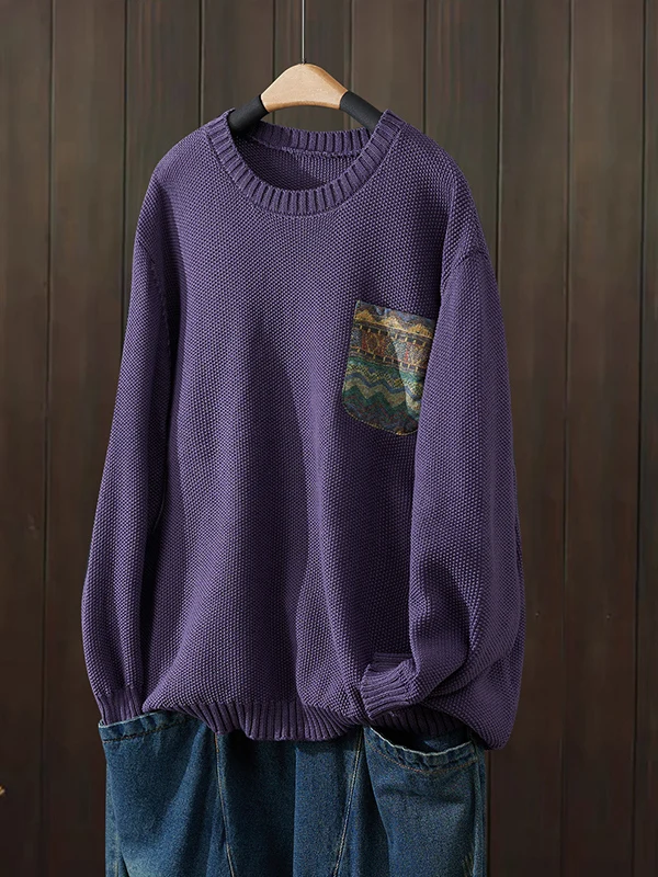 เสื้อสเวตเตอร์ถักไหมพรมหลวมๆ สำหรับผู้หญิง ฤดูใบไม้ร่วง 2025 ผ้าฝ้ายลายดอกไม้แบบปะติด  ลำลอง ไซส์ใหญ่ คอกลม  ผ้าเนื้อนุ่ม