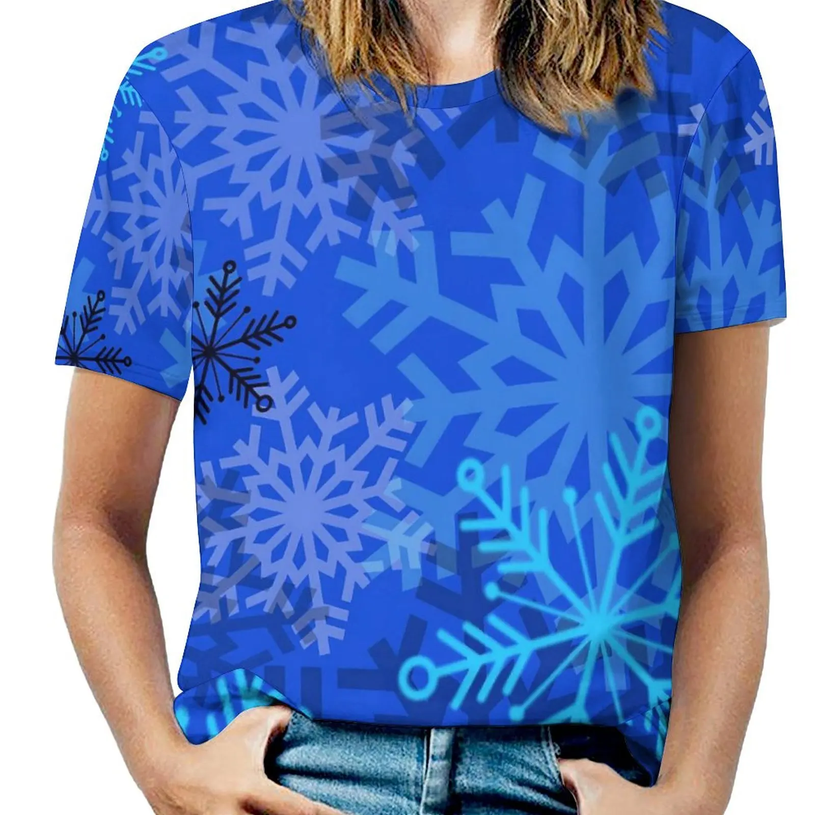 Ladies T Shirt Snowflake Layered O Neck T-Shirts Short Sleeve Blue Print Cool Graphic Tshirt Casual Clothing Big Size 4XL 5XL