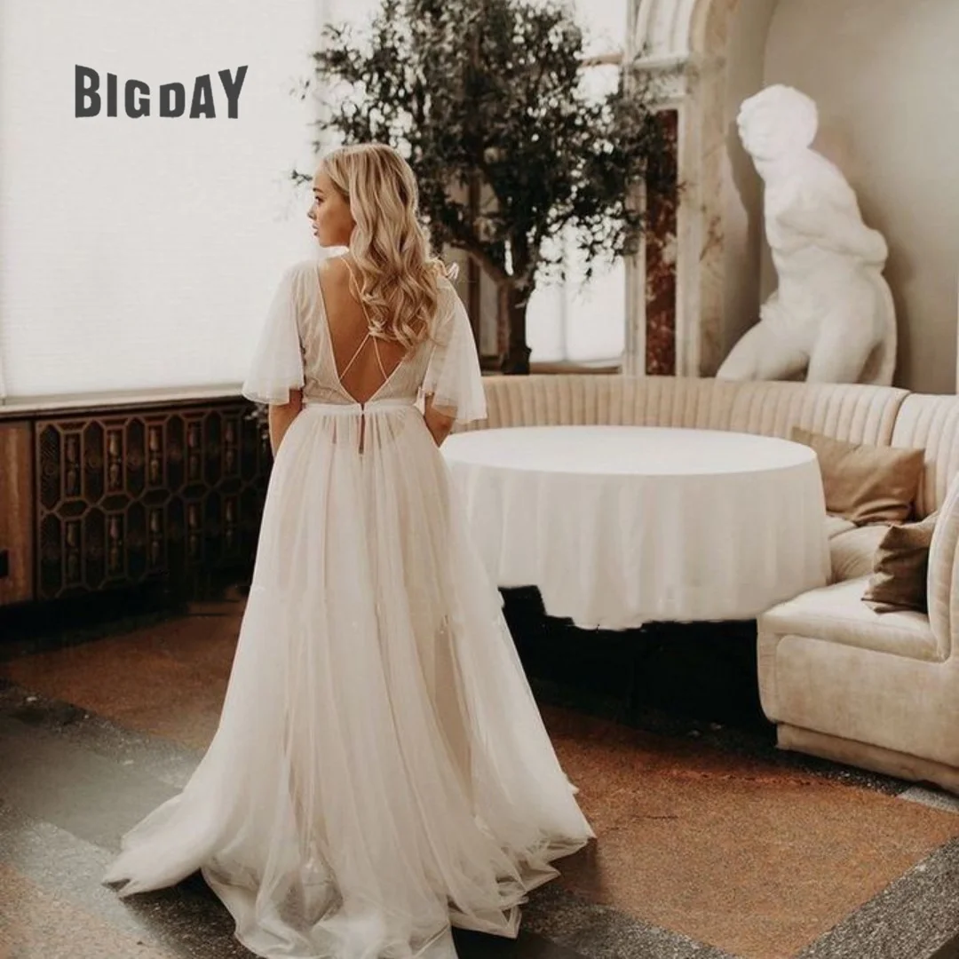 BoHo Wedding Dress For Woman 2024 O-Neck A-Line Open Back Tulle Beach Lace Appliques Bride Gowns Court Train Vestido Customed