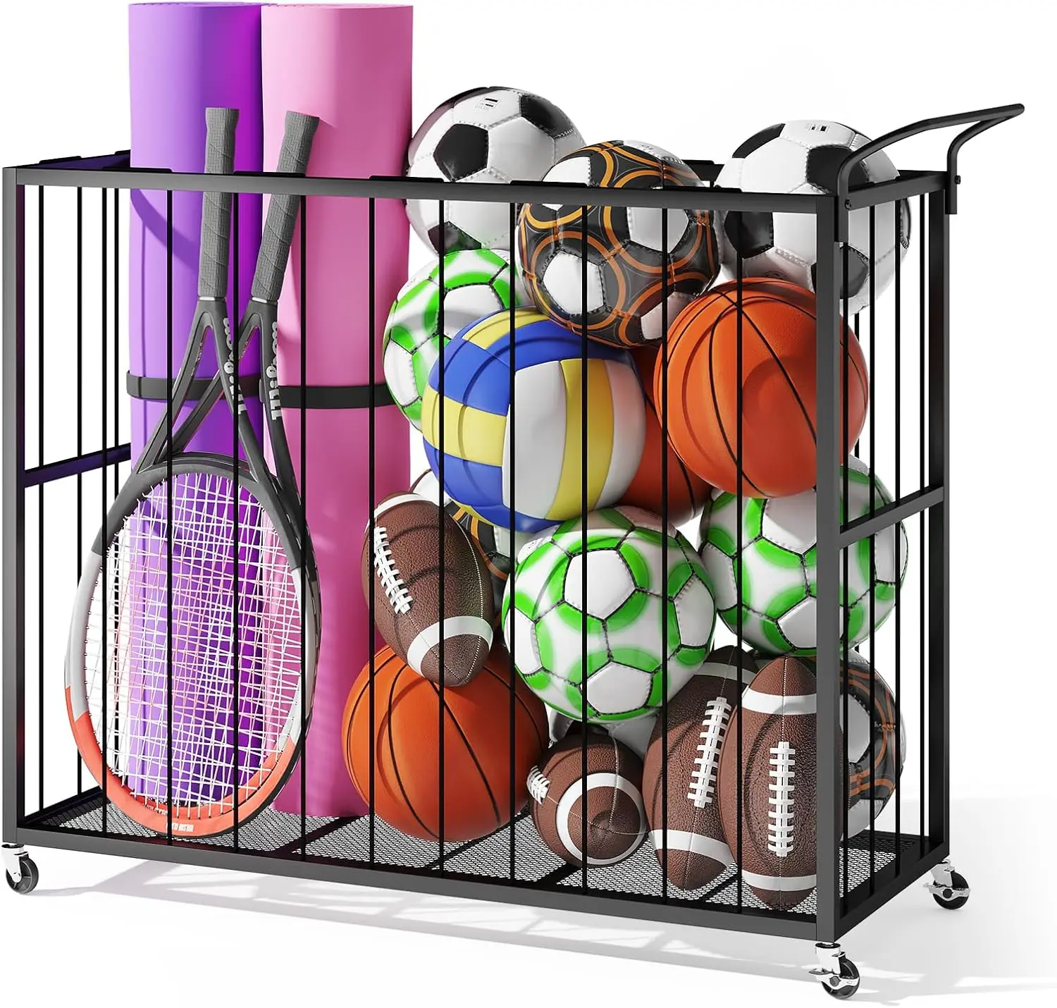

Rolling Sports Ball Storage Cart with Wheels, Metal Garage Organizer Rack for Basketball Soccer Volleyball