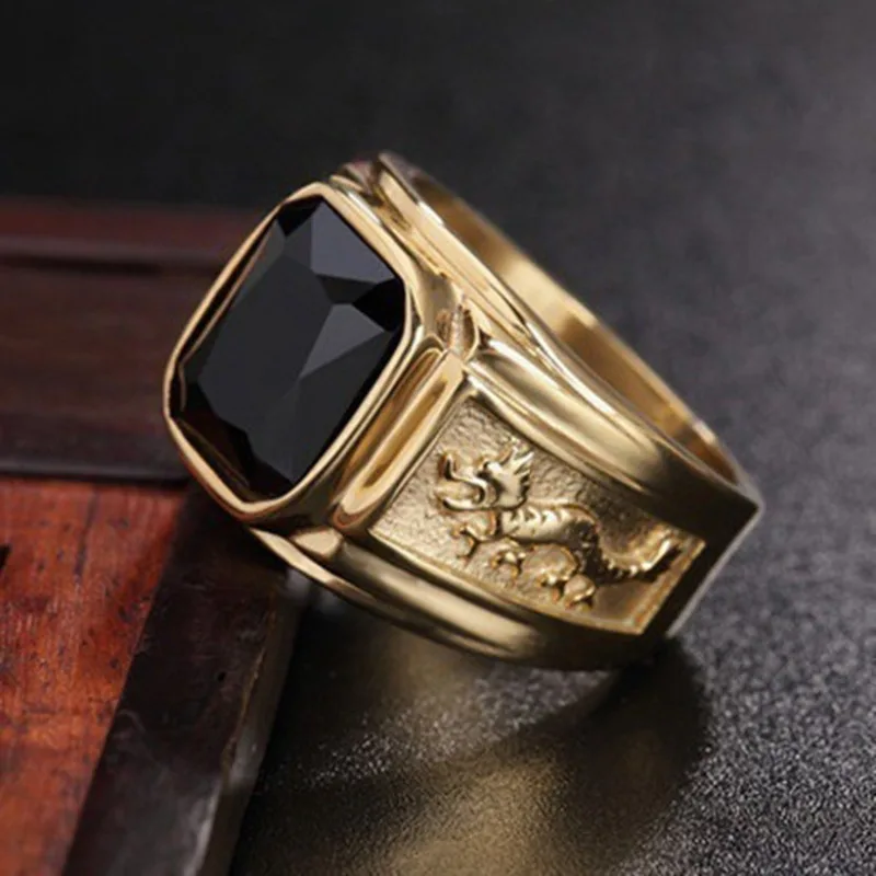 New domineering dragon pattern inlaid zircon men\'s ring, retro contract mosaic hand jewelry