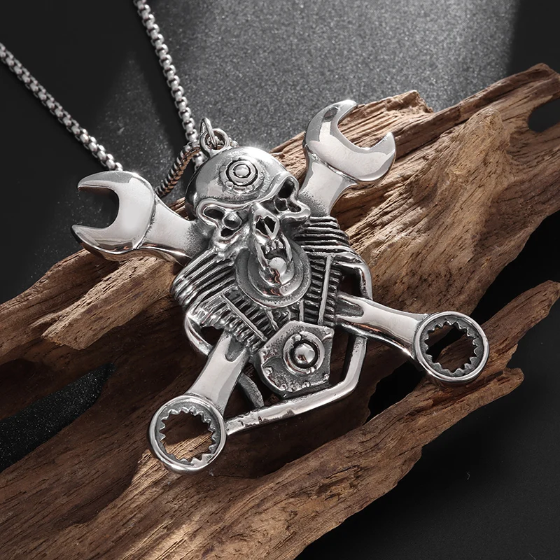 Gothic Heavy Motorcycle Engine Skull Wrench Pendant Necklace Mens Biker Rock Party Exorcist Jewelry Gift