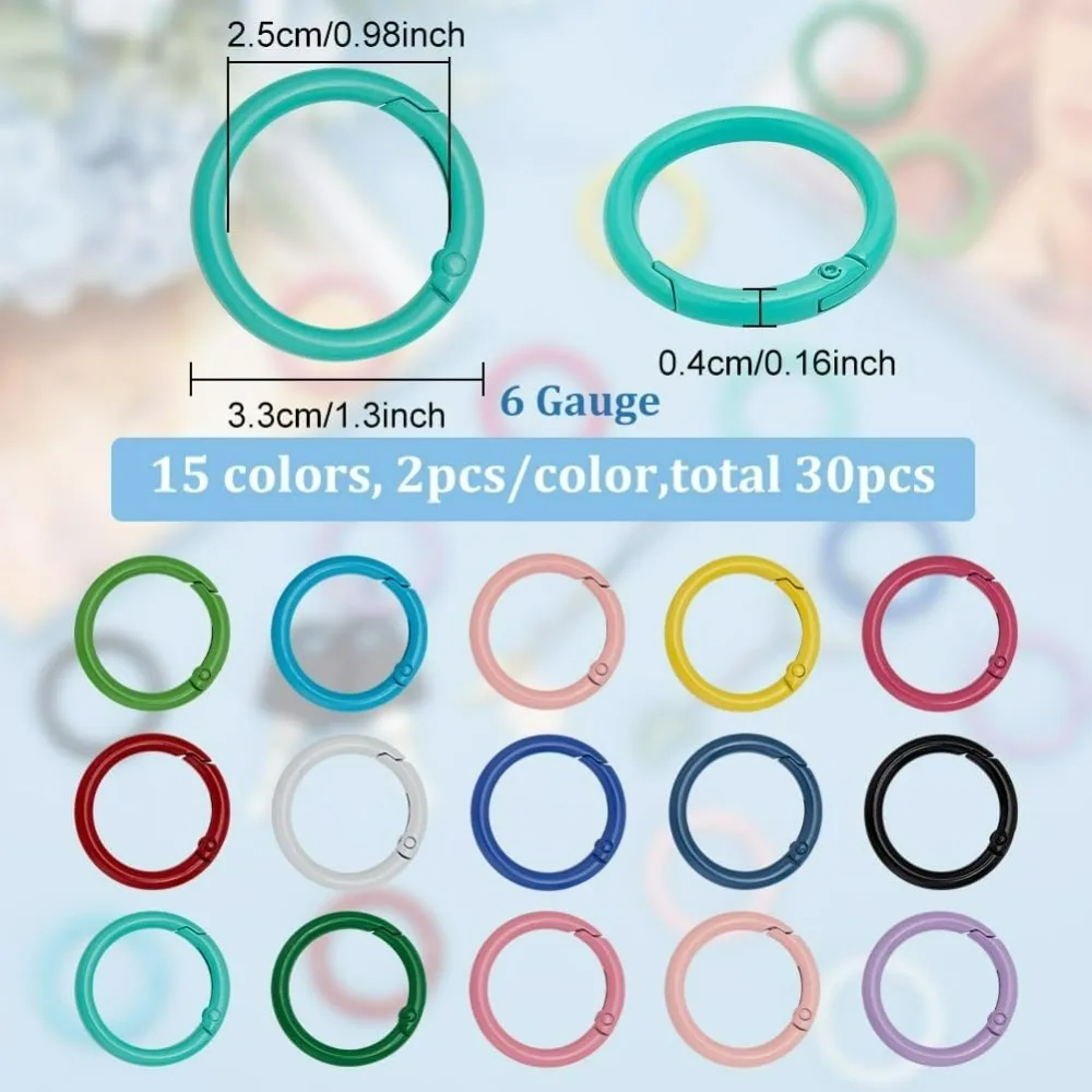 30PCS 15 Colors Metal Spring O Ring 33mm Round Spring Snap Clip Hook Circle Connector for Bags Purses Key Chains Crafts Jewelry