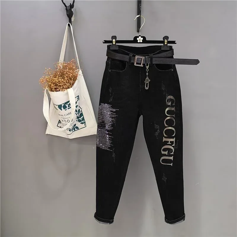 Spring Streetwear Women Pencil Pants 5XL Vintage Blue Slim Diamonds High Waisted Ankle-length Jeans Casual Denim Trousers Z498