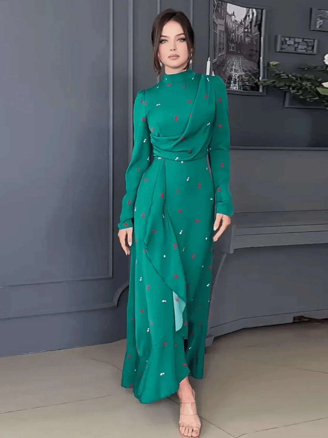 Femmes Eid robes musulmanes Abaya ourlet à volants col roulé imprimé Ramadan marocain magnifique robe de soirée caftan arabe robes coupe ajustée