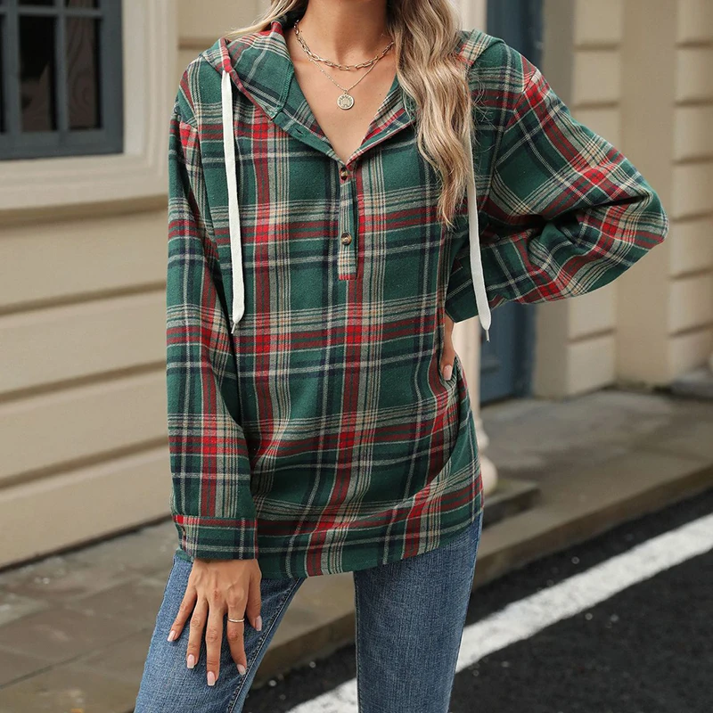 EVNISI Plaid Buttons Hooded Pullover Drawstring Long Sleeve Loose Casual Sweatshirt Streetwear Fashion Top Autumn Hoodies