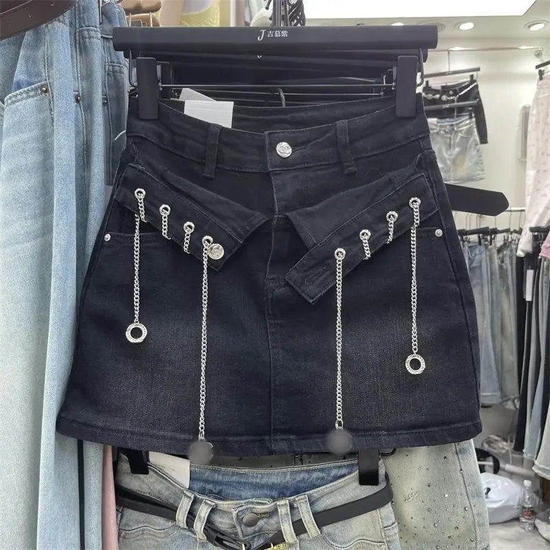 

Denim short skirt female 2024 summer new forest design high waist slim Joker chain anti-exposure denim skirt