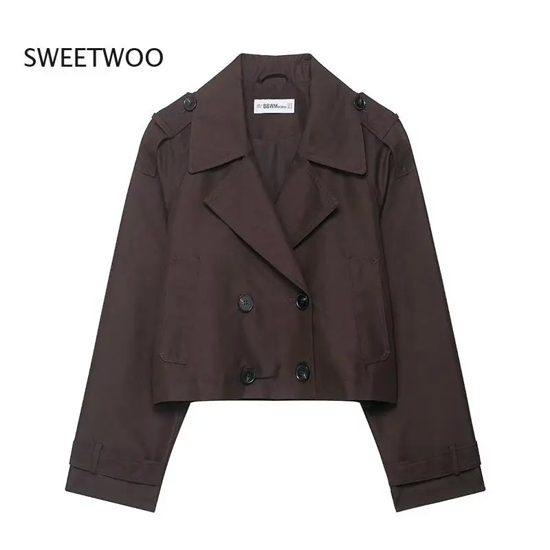 Women's Vintage Double Breasted Trench Coat - Turn-Down Collar Long Sleeve Chic Short Outerwear