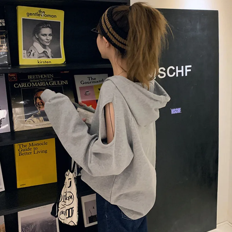 

Весна 2026: Модная женская легкая свободная толстовка с открытыми плечами в корейском стиле, с капюшоном, для студентов. Дизайн — сенсация!