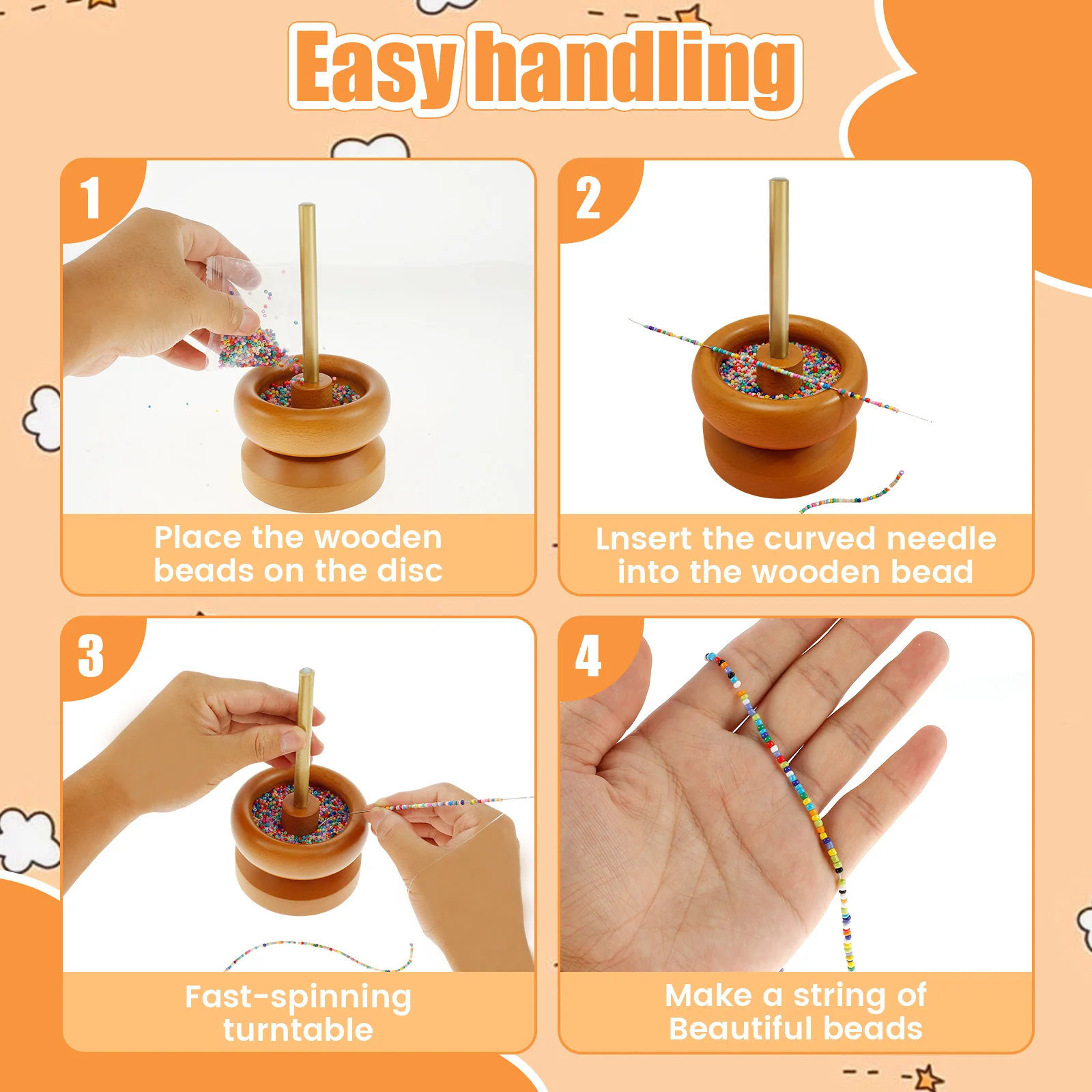 Bead Spinner Set with 2 Needles Labor Saving Bowl Bead Spinner Easy to Operate Reusable Wooden Bead Spinner Spin Beading Bowl