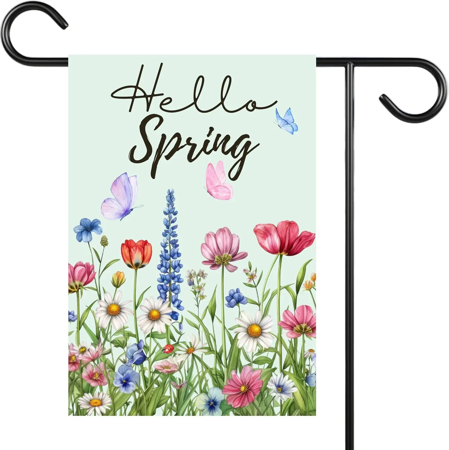 Bandera de jardín J&D's Everyday Needs Hello Spring - Banderas florales de doble cara de 12x18 para decoración de porche exterior, exterior Su GGL EEL