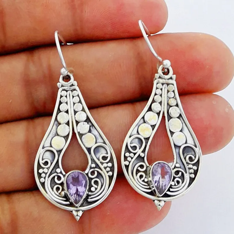 

925 Silver Plated Floral Earrings with Purple Gemstone Dangle Faionable Jewelry Hoops for Women Ele Accory