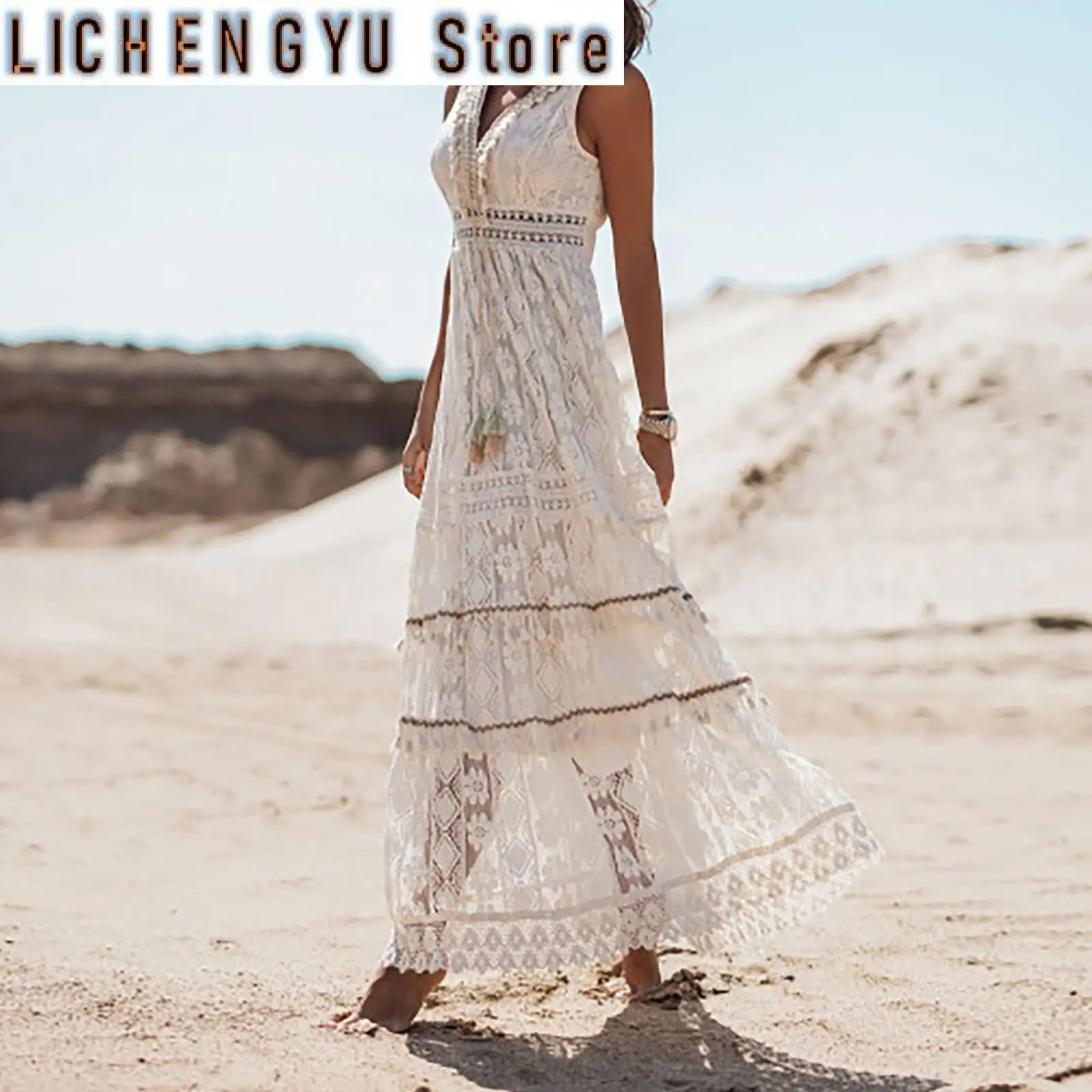 

New Bohemian Summer Dresses For Women Lace Sleeveless Swingle Vintage V Neck Casual Dress Sexy Hollow Mesh Dresses Vestido