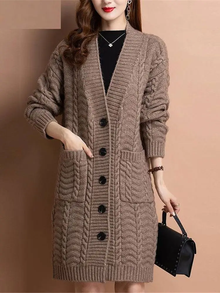 Elegant V Neck Knitted Sweater Cardigans Women Autumn Long Sleeve Loose Oversized Sweater Korean Basic Single Breasted Coat Tops