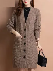 Elegant V Neck Knitted Sweater Cardigans Women Autumn Long Sleeve Loose Oversized Sweater Korean Basic Single Breasted Coat Tops