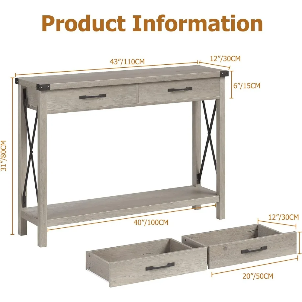 Sofa table, farmhouse console table with drawers, living room wooden sofa table, entrance hall, grey