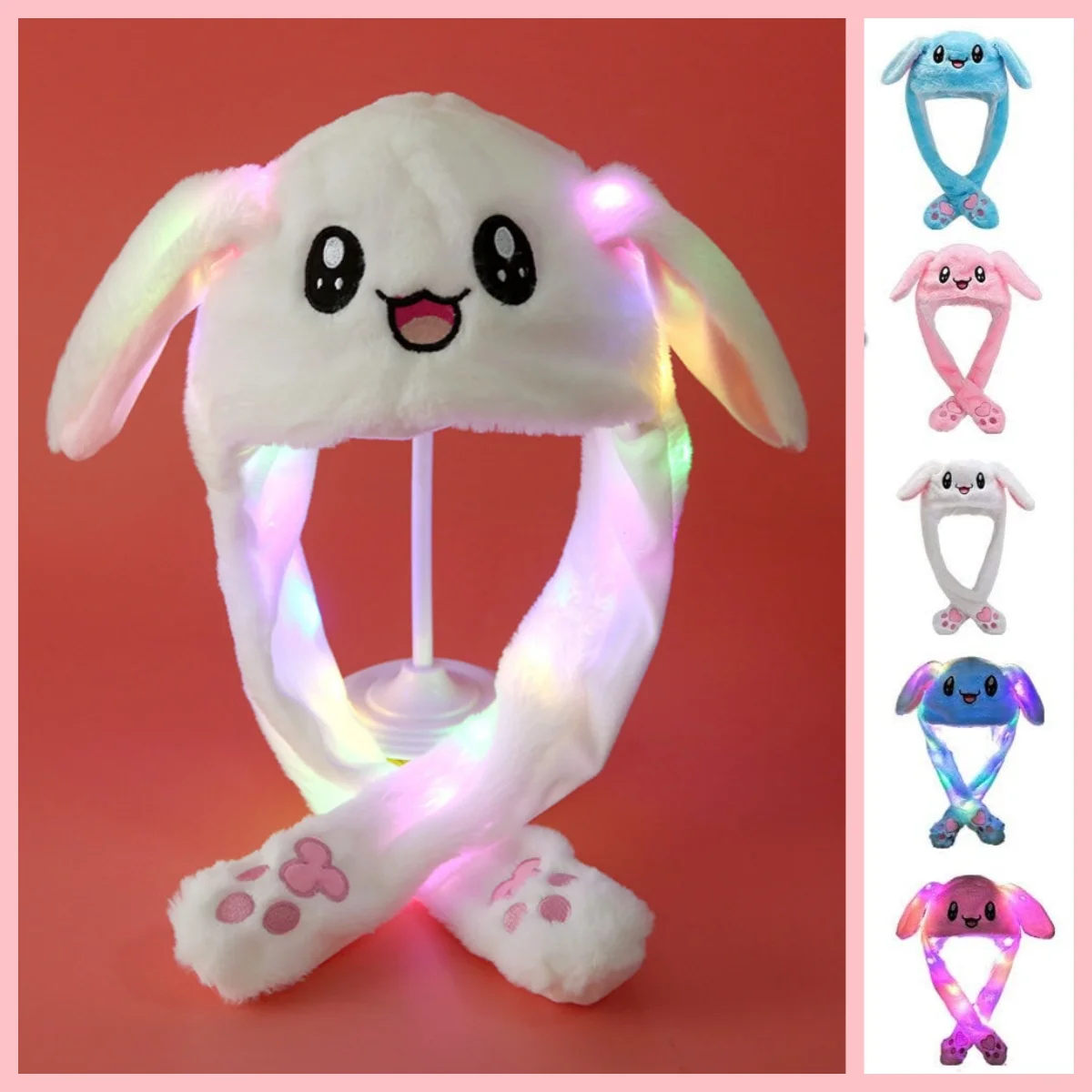 Cute LED Glowing Rabbit Hats Animal Cosplay Hats Plush Hat After Pressing The Paw The Ear Popping Up Ear Moving Jumping Hat