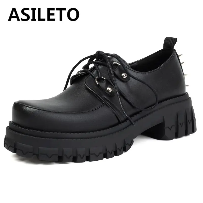 

ASILETO Patent Leather Women Pumps Round Toe Thick Heels 5cm Lace Up Rivets Metal Brogues Plus Size 42 43 Punk Casual Shoes