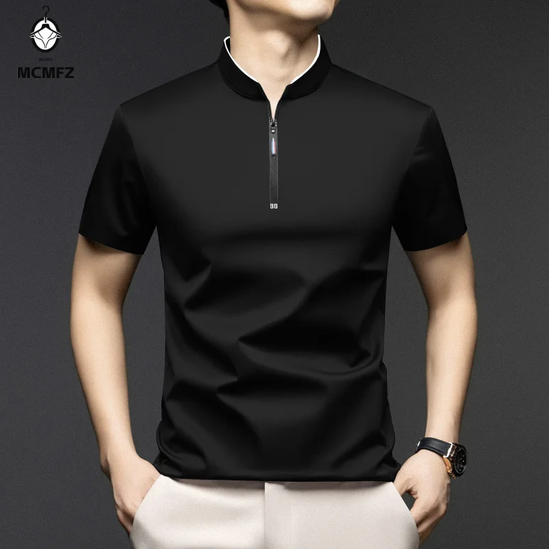 Men's Casual Fashion Zippered Solid Color Short Sleeve Polo Shirt Stand up Collar Versatile Comfortable Top