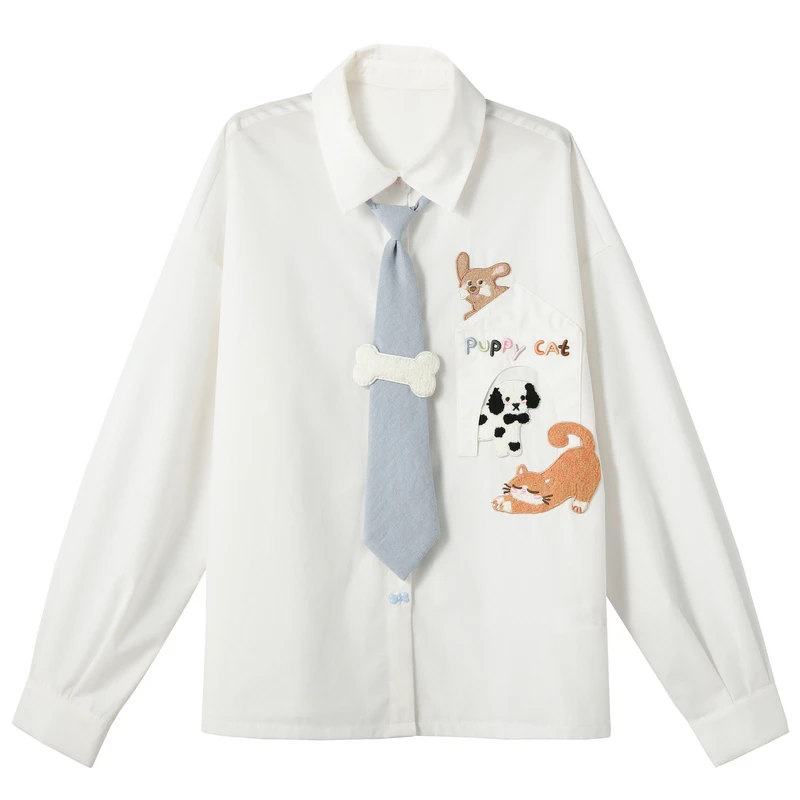 2025 Spring and Autumn New Loose Cute Style Cartoon Embroidered Blue Turn-Down Collar Long Sleeve Denim Jacket White Sweet Shirt