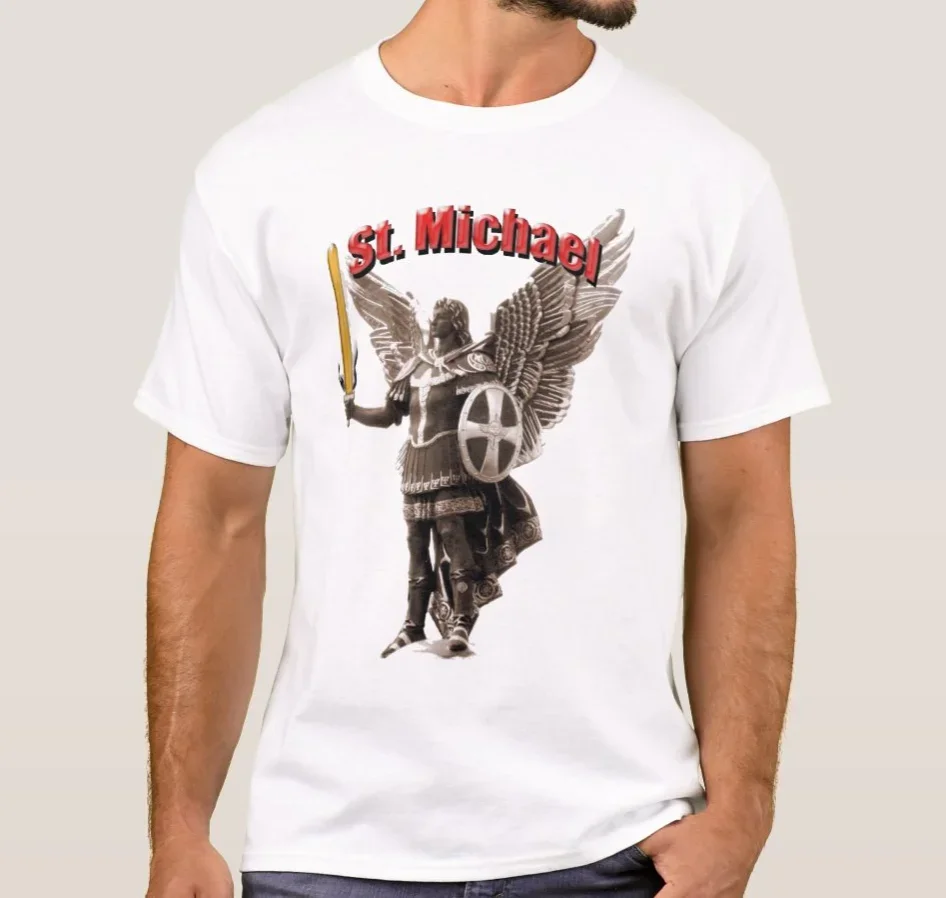 Patron Kijowa, archanioł święty michał posąg t-shirt 100% bawełniany z okrągłym dekoltem letni krótki rękaw swobodny męska koszulka