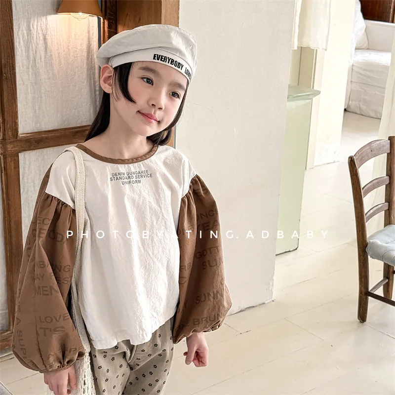 2025 Spring New Children Puff Sleeve Shirts Letter Print Girls Cotton Loose T Shirts Baby Casual Splicing Tops Kids Clothes