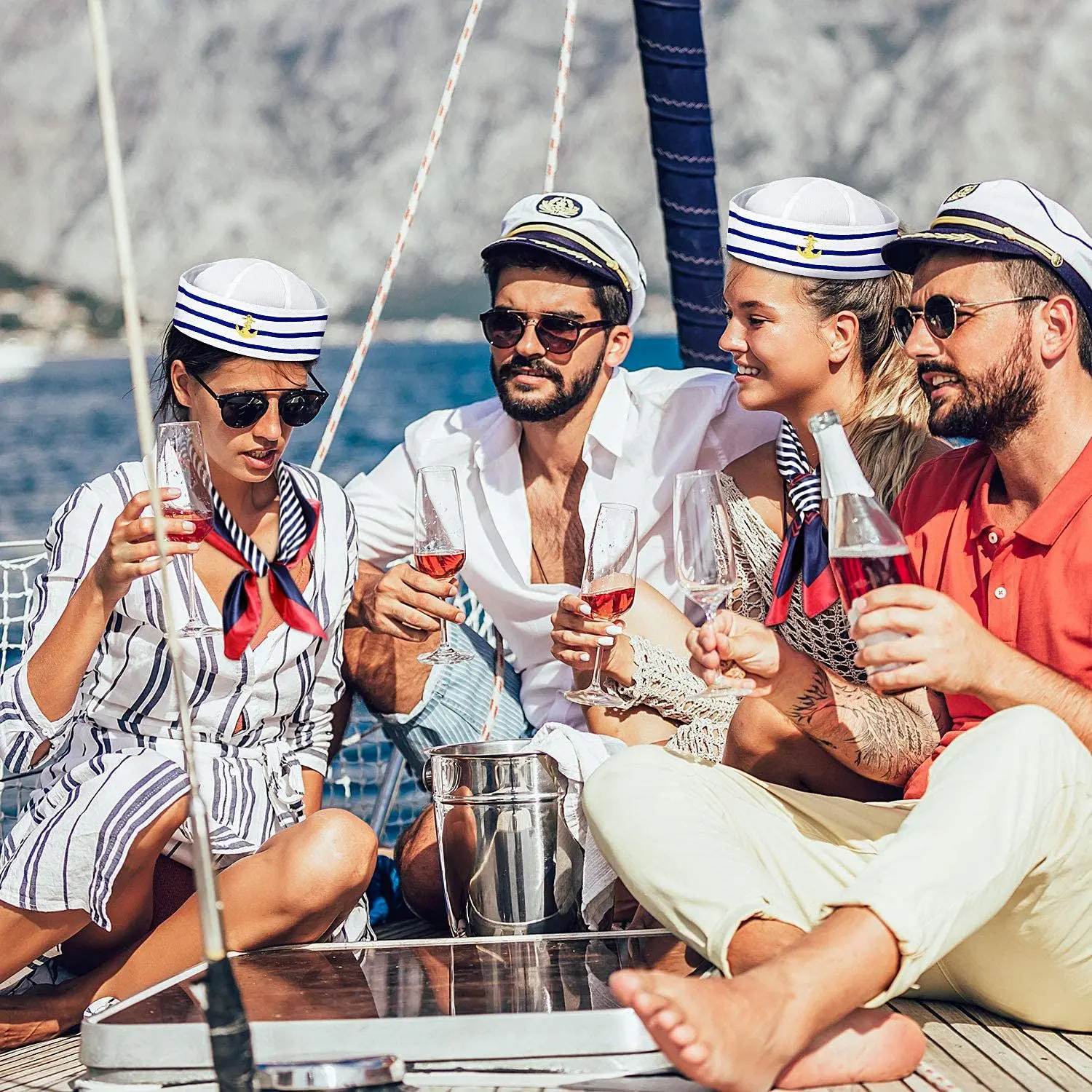 Ensemble de casquette militaire de capitaine de marins blancs, fournitures de robe de paupières de fête, chapeau d'agent de bord de rêves, accessoires d'écharpe trempés, jeu de pli de cosplay