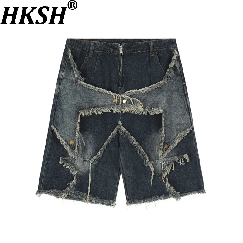 

HKSH Summer New Men's American Retro High Street Ins Trendy Patchwork Denim Shorts Chic Casual Hip Hop Knee Length Jeans HK7032