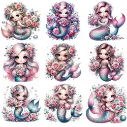 15cm Cute Kids Flower Mermaid Iron On Heat Transfer Sticker For Clothes Pinted Vinyl Thermal Appliques Washable T-Shirt Decal