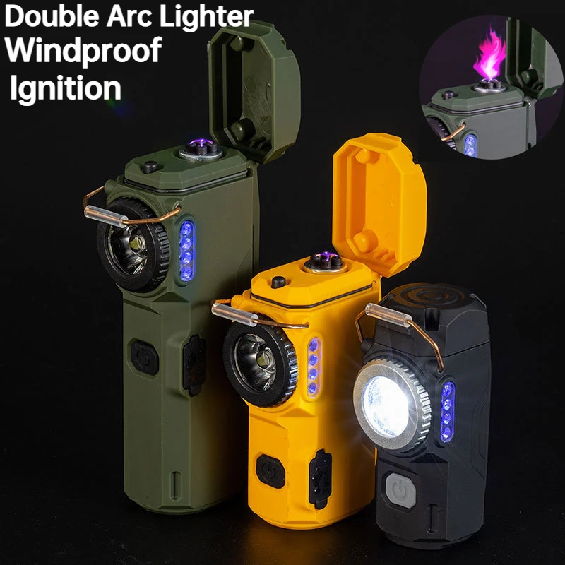 

Outdoor Multifuncte Double Arc Lighter Digital Power Display Multiple Gear Flashlight Emergency Night Fishing Flameless Lighter