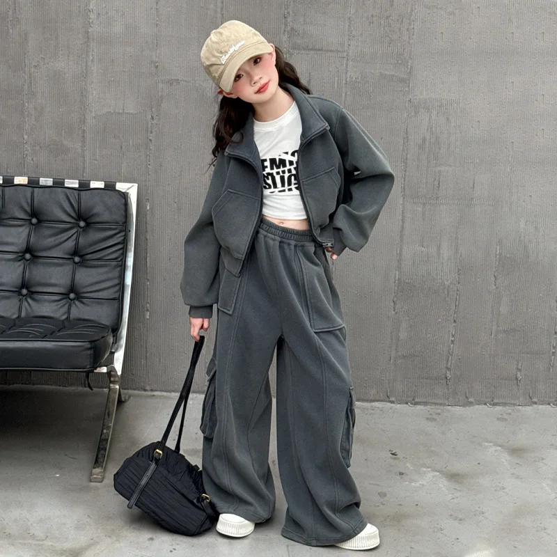 

Спортивный костюм из двух предметов для школьниц, осенний спортивный костюм для девочек-подростков с отложным воротником на молнии, детские штаны-карго со средней талией для девочек, комплекты для девочек