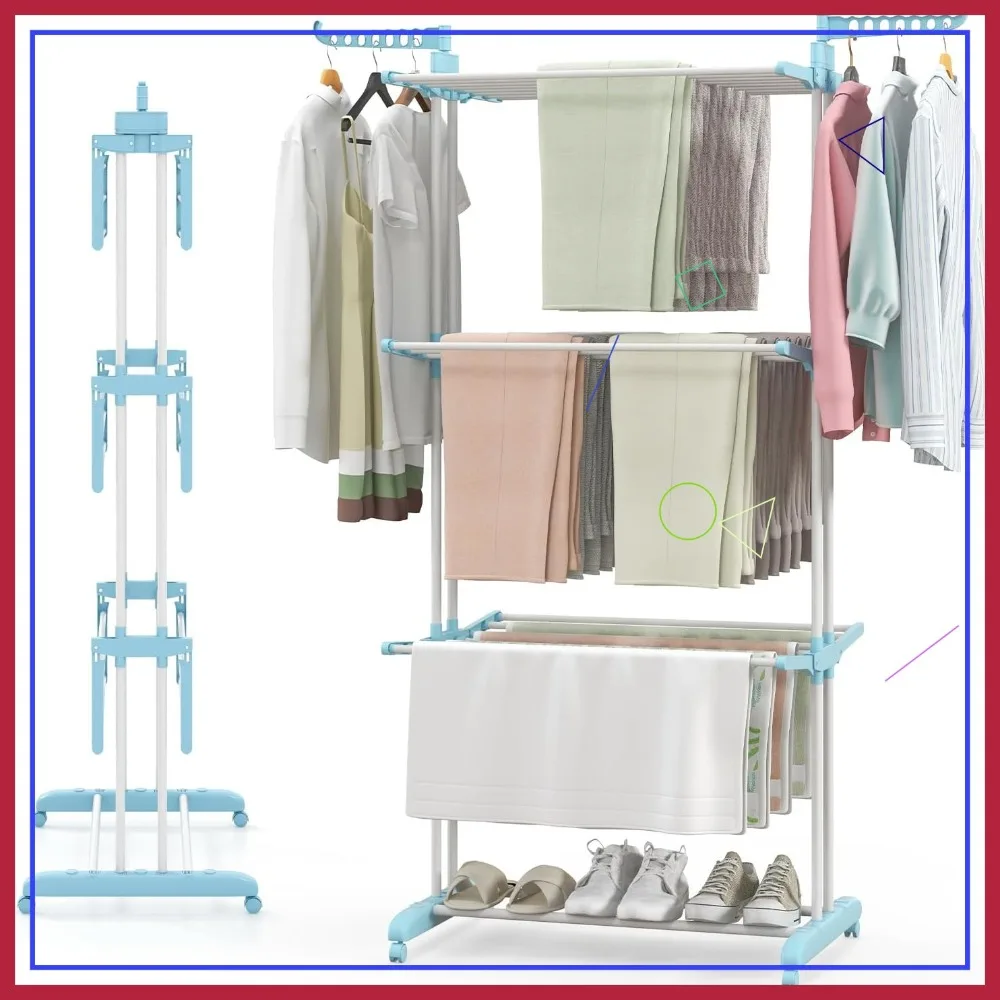 

Складная 4-х уровневая вешалка для белья с колесами, 3 выдвижными подносами и держателями для вешалок для использования в помещении и на открытом воздухе - синяя