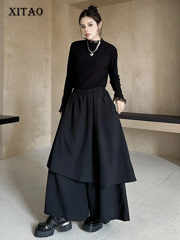 

XITAO Casual Loose Fitting Women Wide Leg Pant False Two Pieces Elastic Waist Irregular Patchwork Spring Female Pant GMM1056