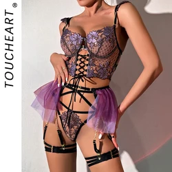 Toucheart 4 Piece Set Sexy Tights Embroidery Straps Mesh Patchwork Underwear For Women Sexy Hollow Out See-Through Lingerie Set