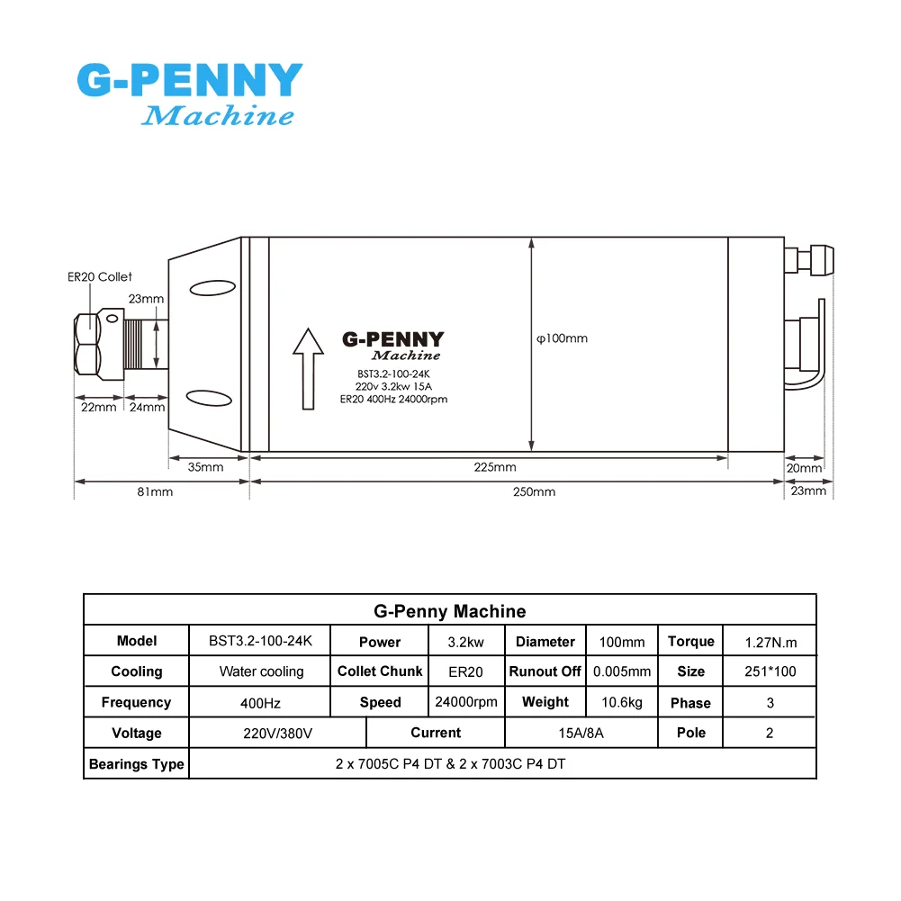 G‑Penny 3.2KW ER20 Bullet Type Water Cooled Spindle Kit 4 Bearings 100mm 0.01mm Accuracy & 100mm Spindle Bracket for CNC Router