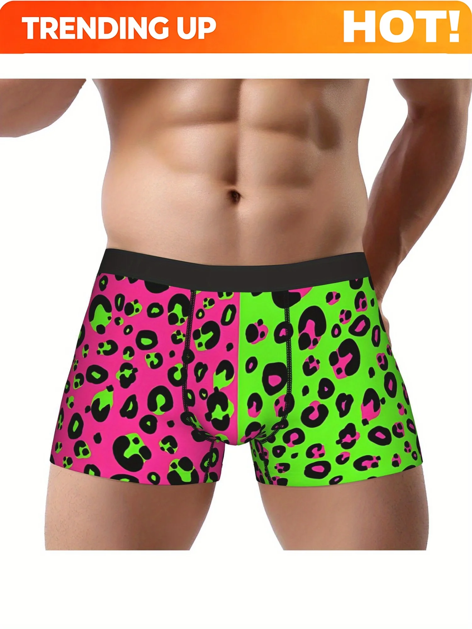 1pc Men's Electric Split Leopard Print Boxer Briefs - Pink & Green Breathable Underwear Shorts, Machine Washable Flat-Cut Design