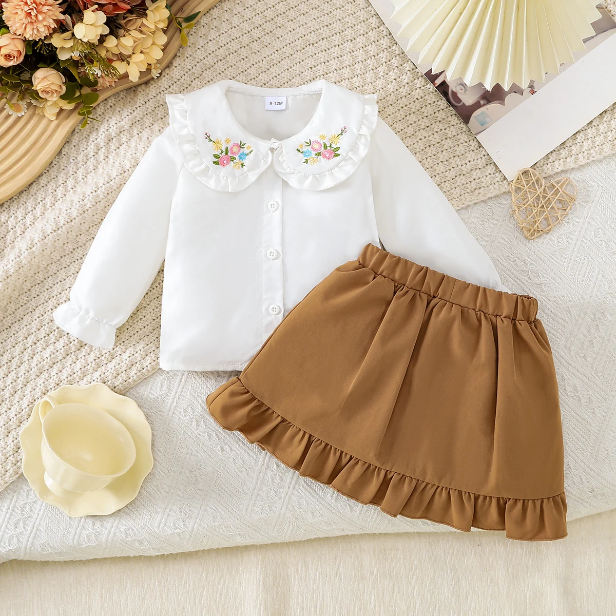 Children's Shirt And Skirt Set Long Sleeve Floral Embroidery Doll Collar Short Skirt with Lace Hemline Casual Occasions Wear