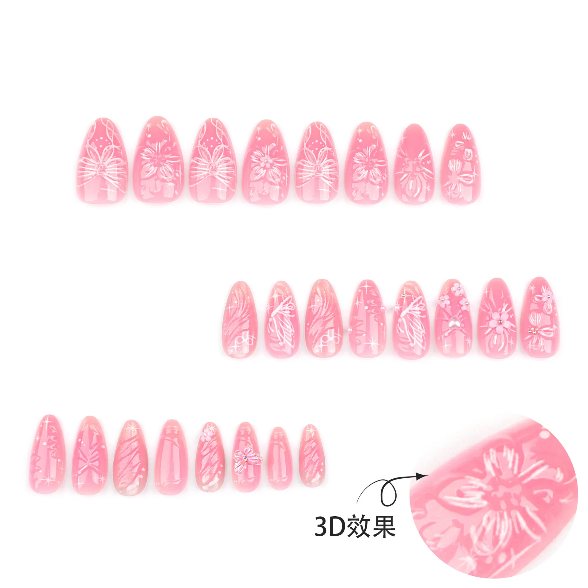 24pcs Sweet Pink Fake Nail Patches 3D Flower Bowknots Butterfly Decor Press On Nails  Women Girl Wearable False Nail For Party