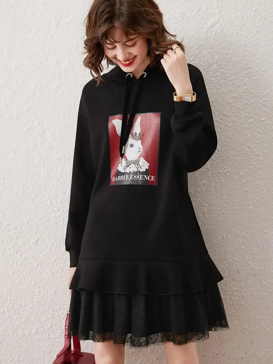 LOUIS YAO Women Hooded Sweatshirt Dress 2023 Autumn Lazy Style Drop-shoulder Long-sleeve Patchwork Mesh Dress