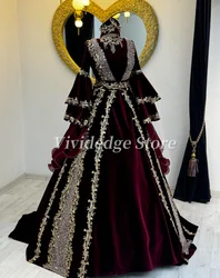 Customized Burgundy Long Sleeve Arabic Wedding Dresses Muslim Dubai Luxury Gold Lace Applique Kaftan prom dress