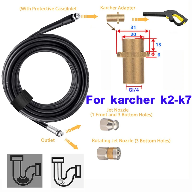 Roue Tuyau d'eau à haute pression avec buse de jet, pour karcher K7 K4 K5 furet karcher , pour le lavage des égouts et des tuyaux d'égout,furet deboucheur canalisation,buse haute pression pistolet haute pression,