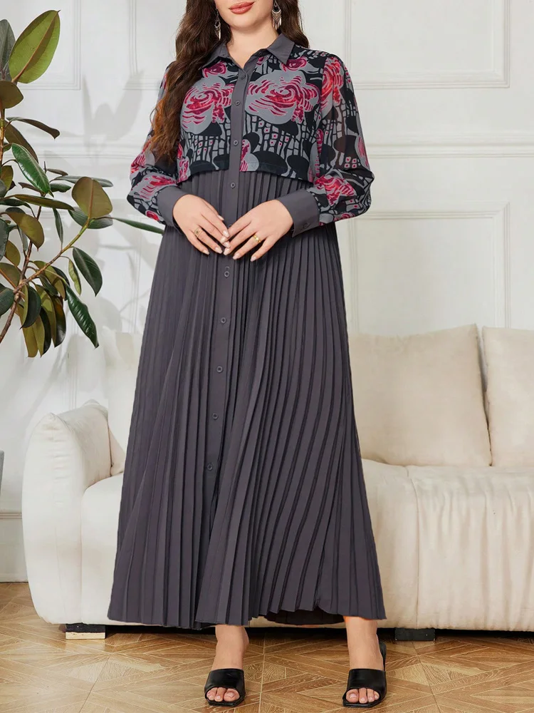 GIBSIE プラスサイズ 2in1 プリントシャツワンピース レディース 秋 2025 新作 ヴィンテージ 長袖 ルーズ ファッション プリーツ マキシ丈ワンピース