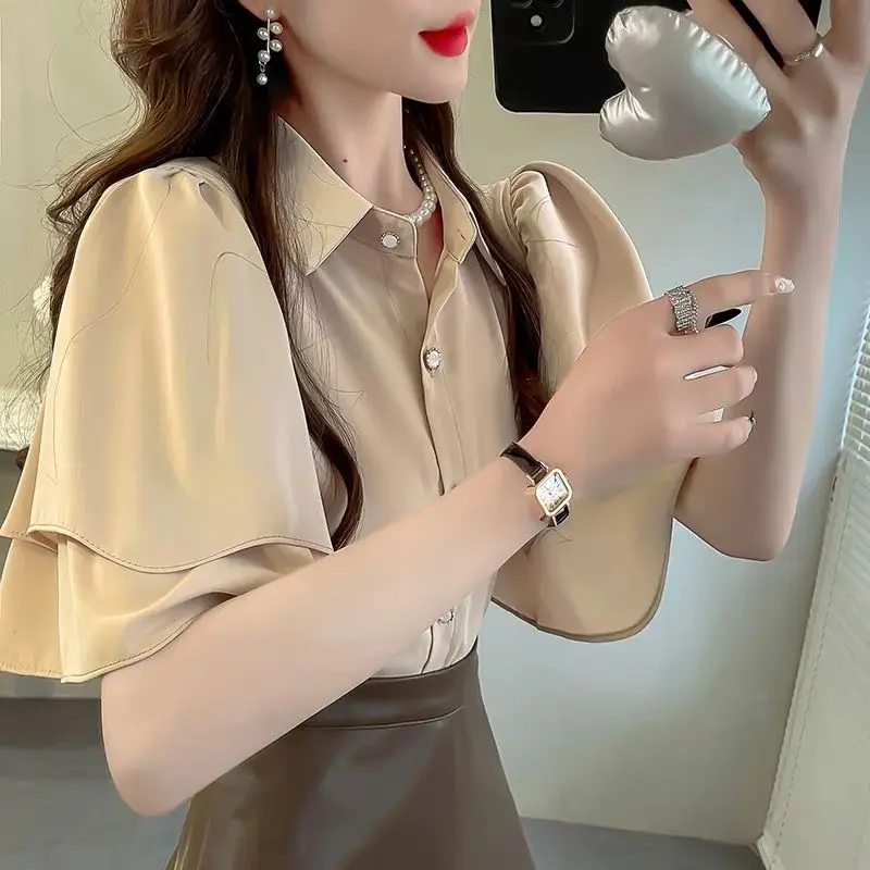 

Summer Casual Korean Fashion Loose Buttons Single Breasted Solid Color Short Sleeve Youth Lively Bright Easy Close to the People