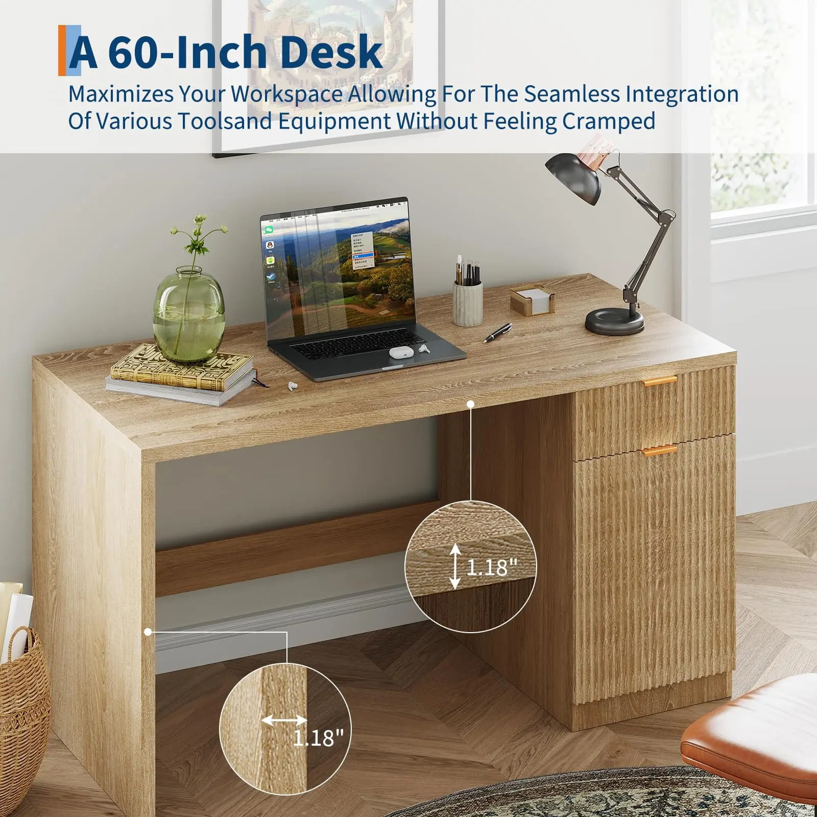 GarveeHome 60" Executive Desk with Storage, Modern Home Office Desk with Drawer & Cabinet, Wood Fluted Computer Desks Workstati