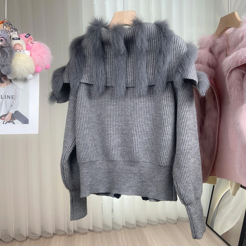 Winter Imitation Rabbit Fur Knitted Cardigan Faux Fox Fur Striped Sweater Coat Big Fur Sailor Collar Knitwear Jacket Zipper Tops