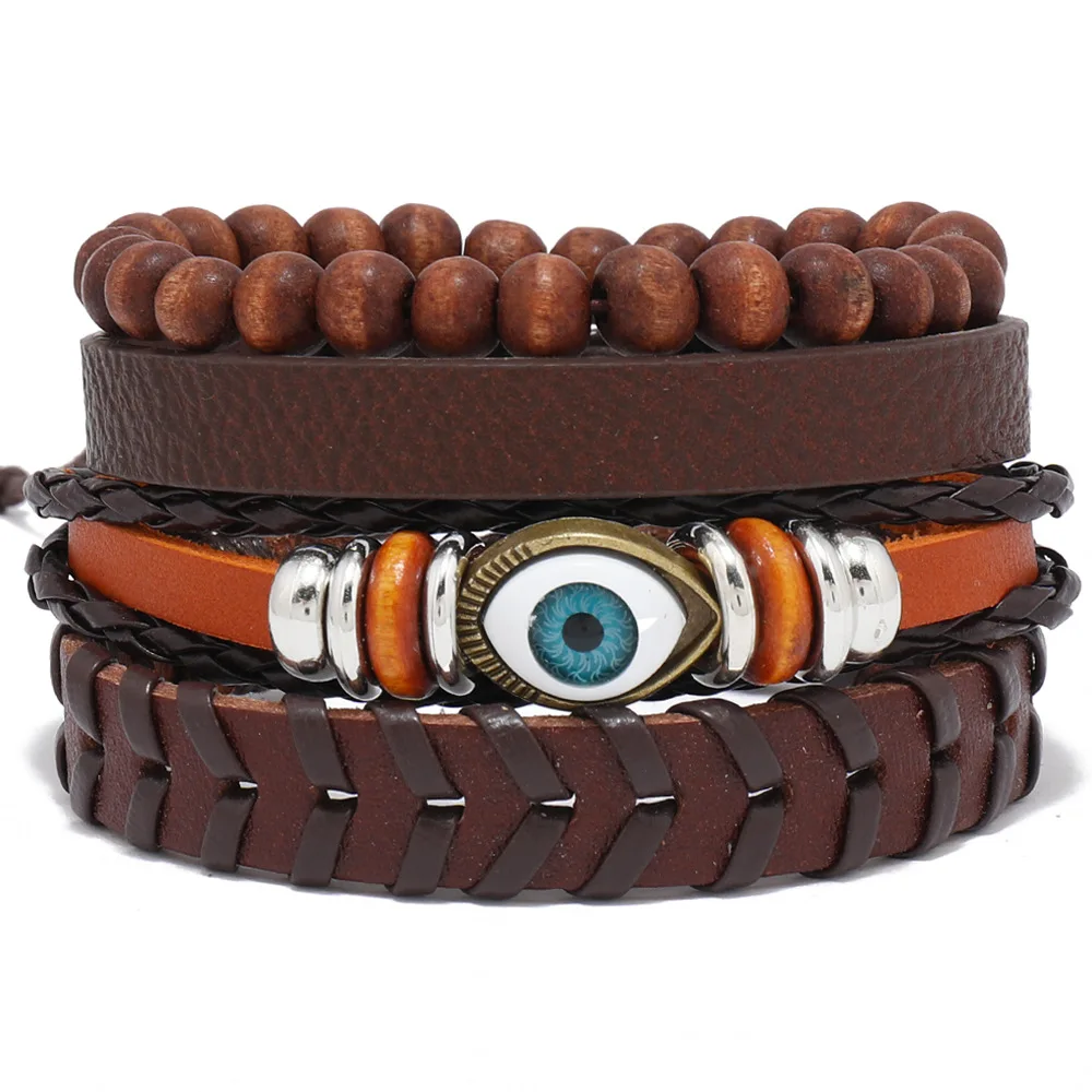 4 Pcs/Set Trendy Evil Eyes Bead Punk Men Bracelet Handmade Braid Leather Strap Vintage Bracelet Man Jewelry